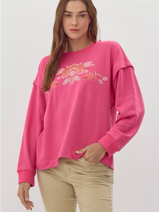 Boutique Pink Floral Embroidered Sweatshirt